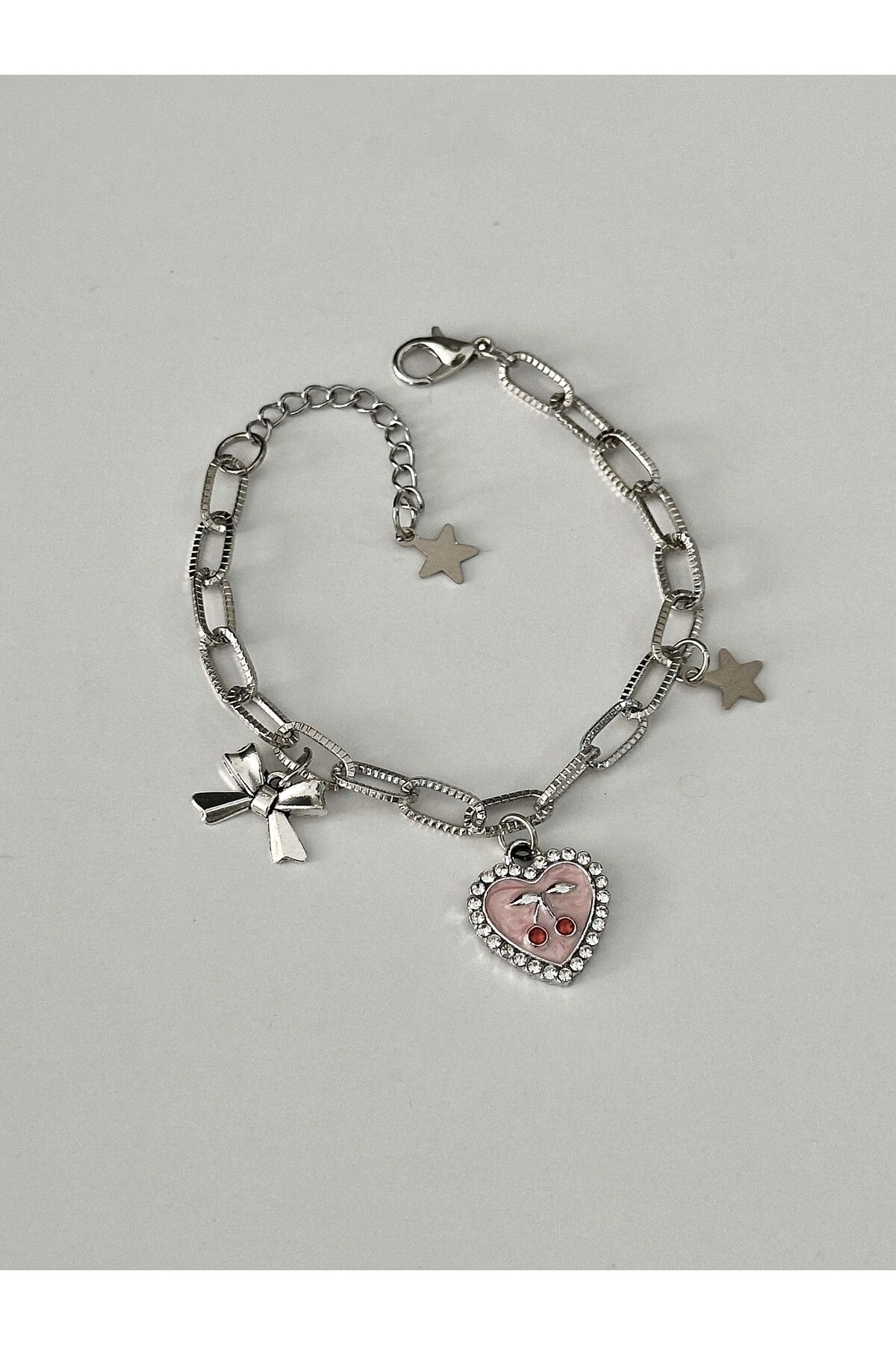 sleyshop Kalın Zincirli Coquette Pembe Taşlı Kalp Kiraz Bileklik - Görsel 3