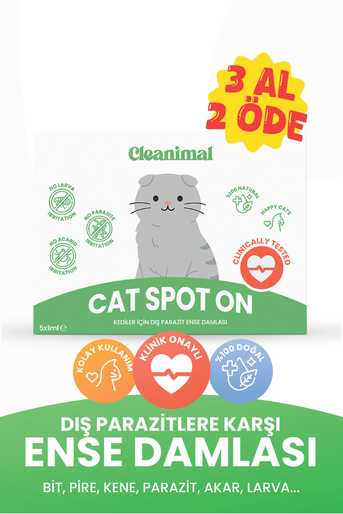 Cleanimal Kedi Dış Parazit Ense Deri Damlası | Bit, Pire ve Kene Karşıtı Doğal Koruma Damlası 5x1 ml
