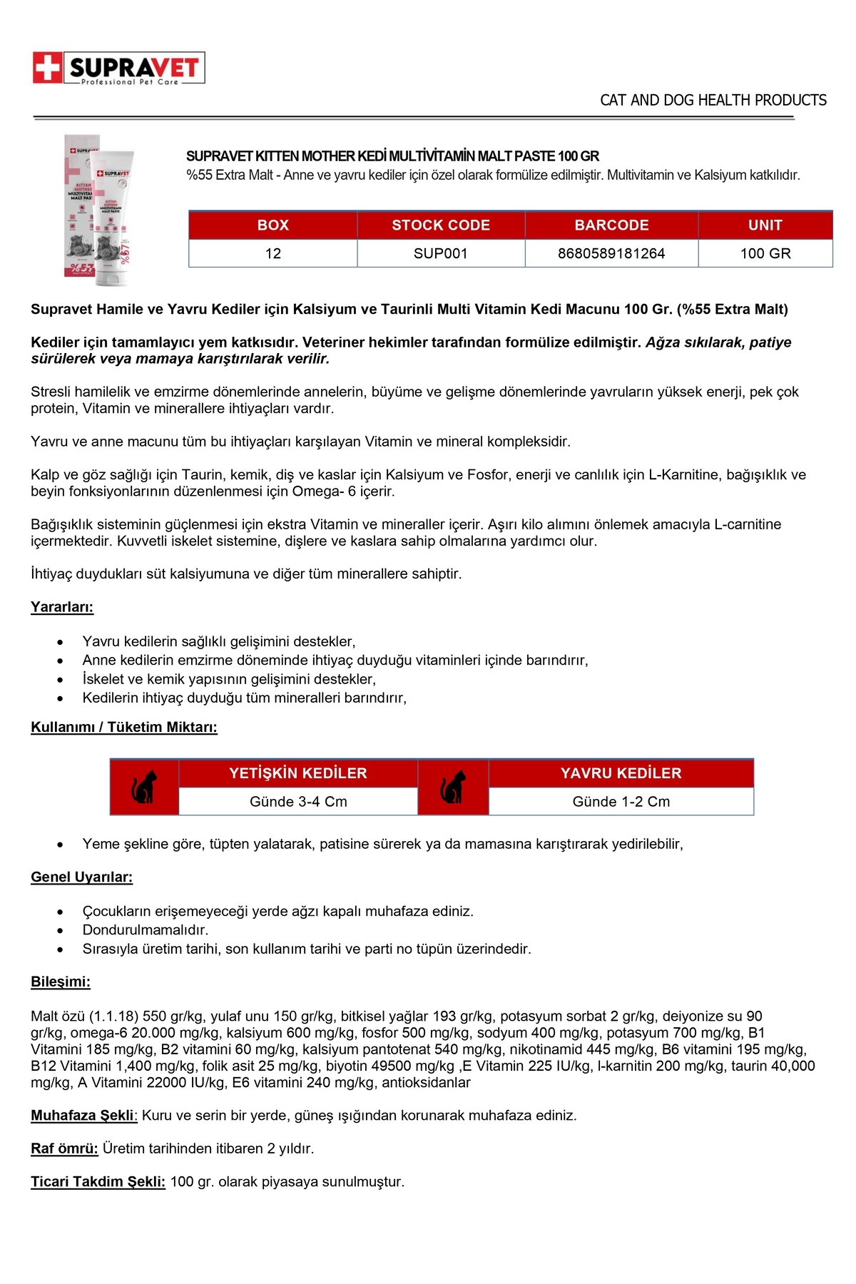 Supravet Hamile Ve Yavru Kediler Için Kalsiyum Ve Taurinli Multi Vitamin Kedi Macunu 100 Gr. (%57 Extra Malt) - Görsel 2