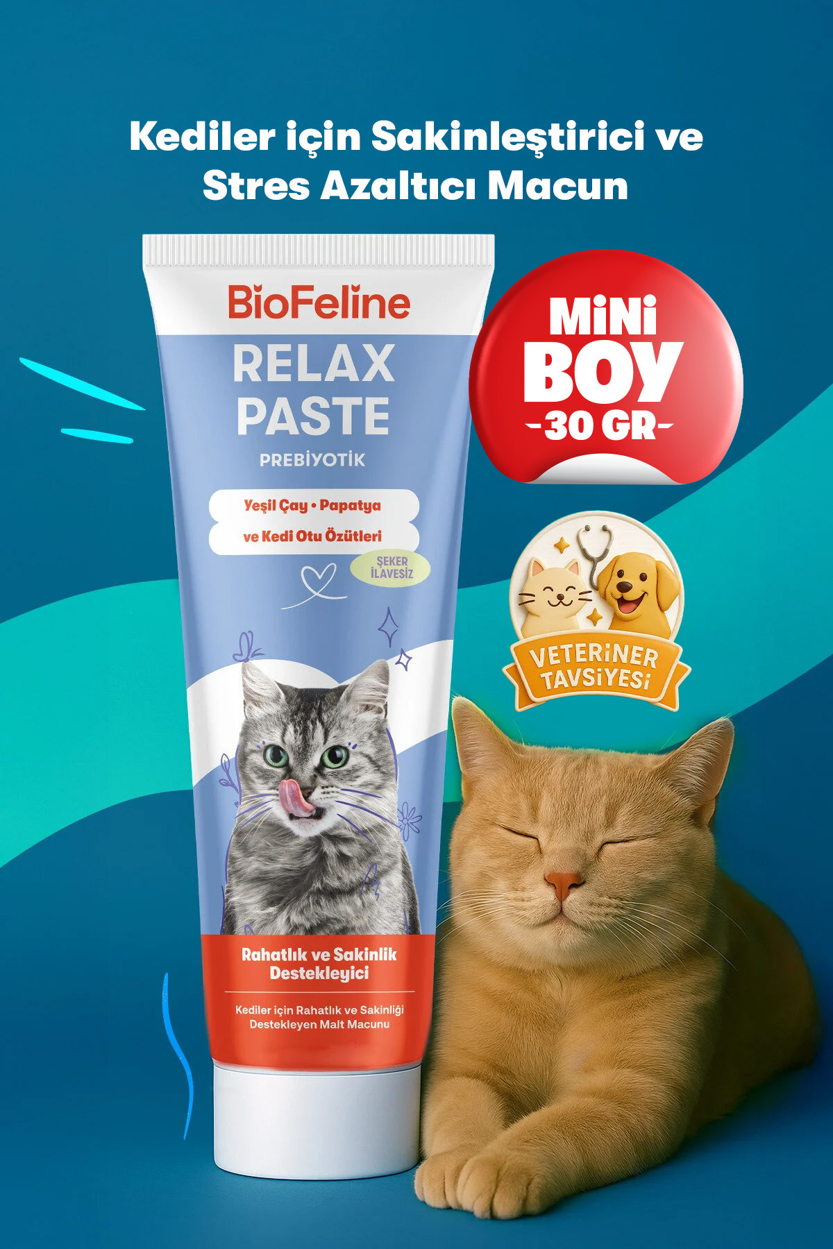 BioFeline Stres ve Huzursuzluk Azaltıcı Kediler İçin Malt Macunu, Doğal Sakinleştirici, 30 g | Deneme Boy