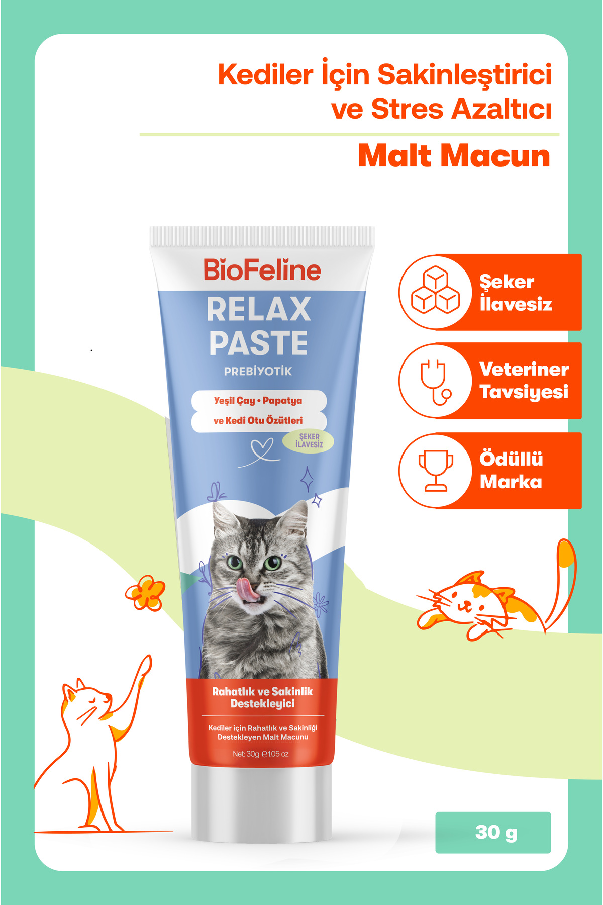 BioFeline Stres ve Huzursuzluk Azaltıcı Kediler İçin Malt Macunu, Doğal Sakinleştirici, 30 g | Deneme Boy - Görsel 2