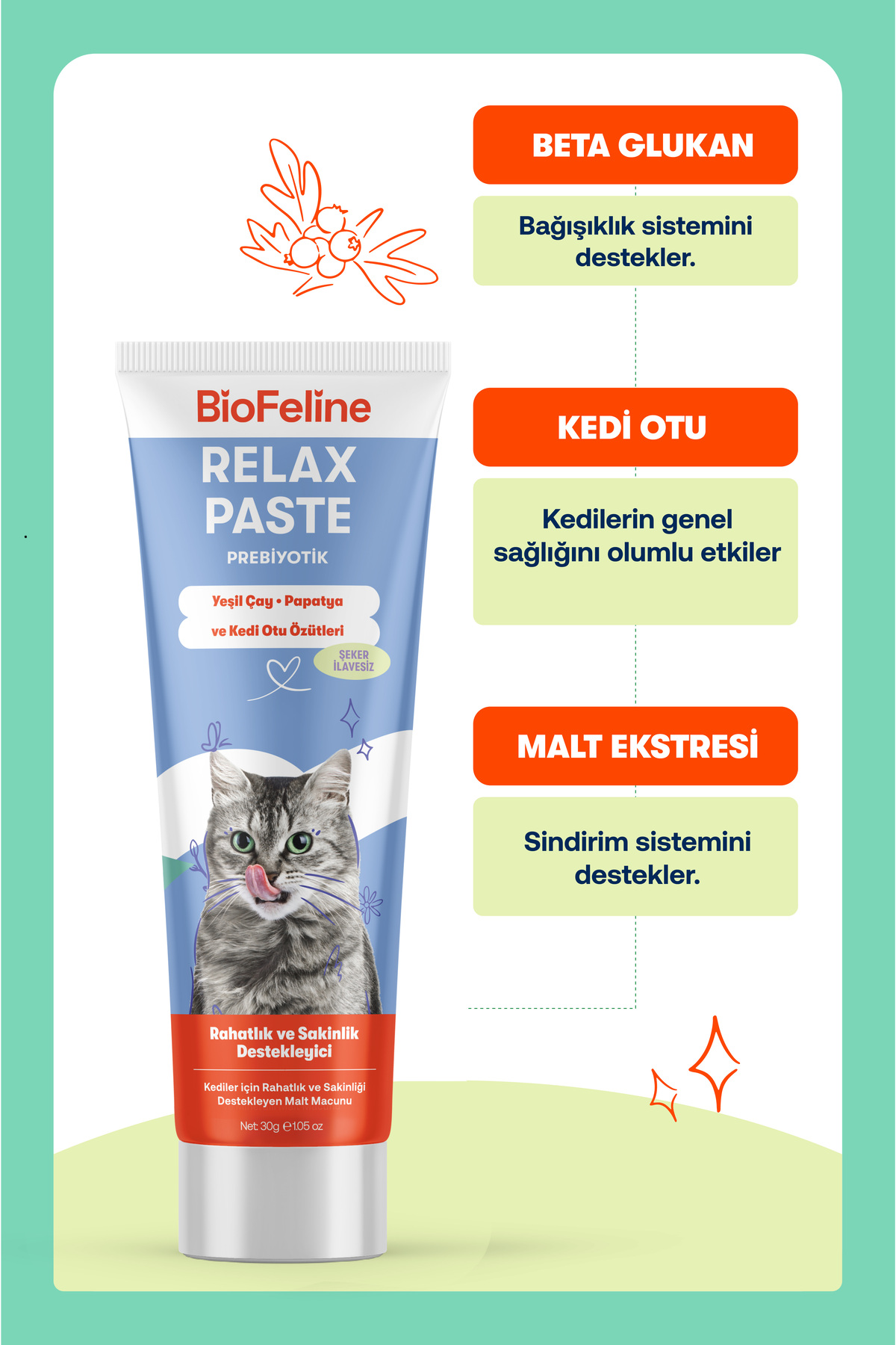BioFeline Stres ve Huzursuzluk Azaltıcı Kediler İçin Malt Macunu, Doğal Sakinleştirici, 30 g | Deneme Boy - Görsel 3