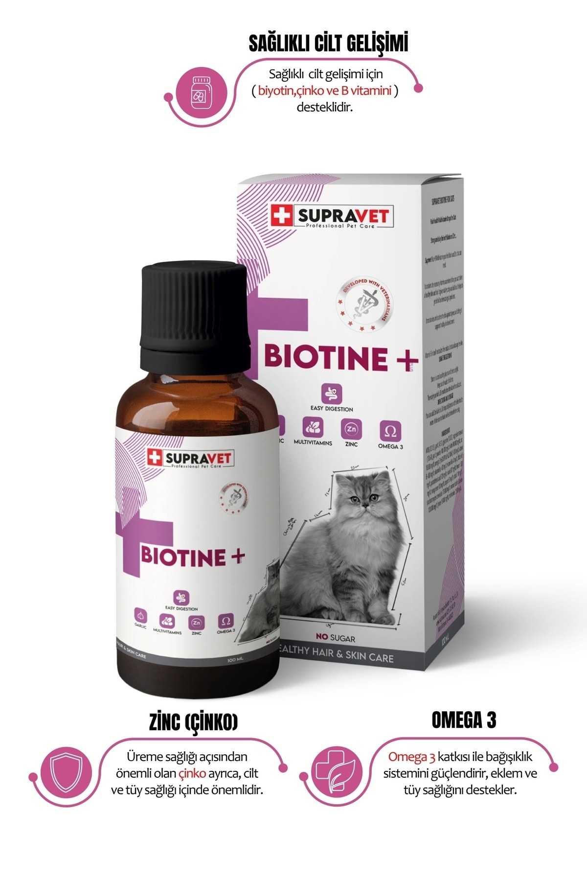 Supravet Plus +b For Cats Biotine Damla 100 Ml + Zinc + Multi Vitamin ( Kediler Için Tüy Sağlığı Damlası )