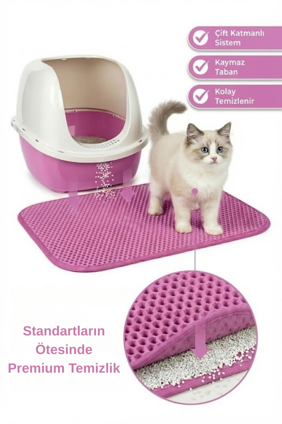 PUGALO CleanPaw Premium Kedi Tuvalet Önü Paspası | Kedi Kumu Toplayıcı | Çift Katmanlı | Geniş Delikli