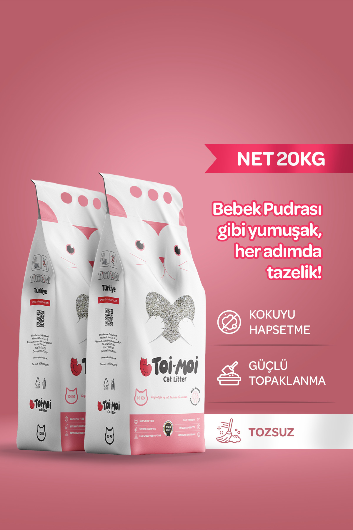 Toi Moi 2'li Avantajlı Paketi Tozsuz, Topaklanan, Emiciliği Yüksek Bebek Pudralı Bentonit Kedi Kumu 2x10Kg