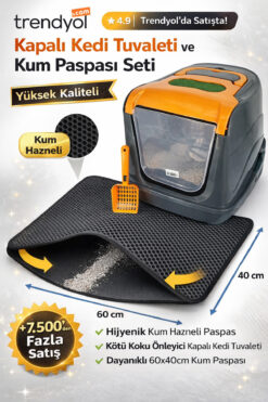 chittoshop Kapalı Kedi Tuvaleti + Çift Katmanlı Kedi Kumu Paspası Seti (Kürek Hediyeli)
