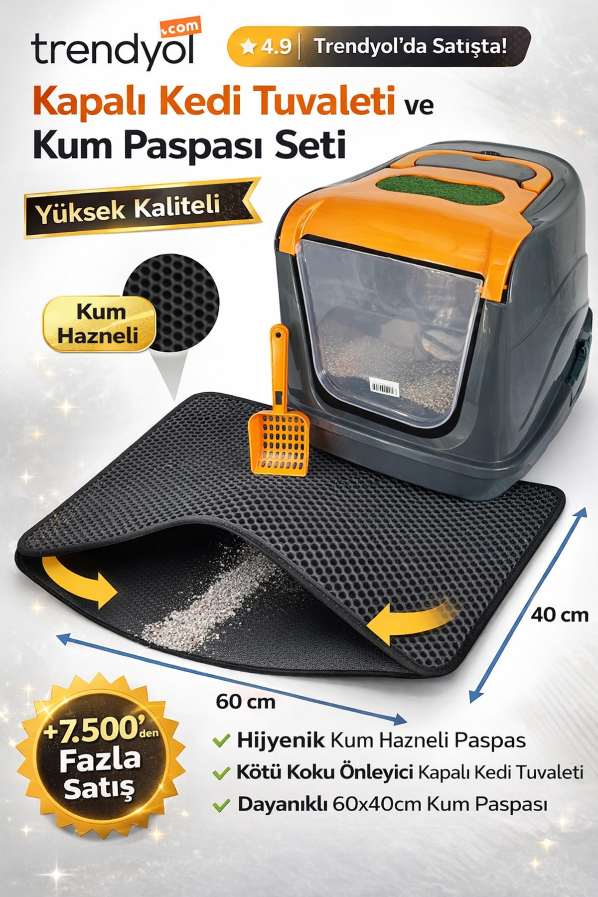 chittoshop Kapalı Kedi Tuvaleti + Çift Katmanlı Kedi Kumu Paspası Seti (Kürek Hediyeli)