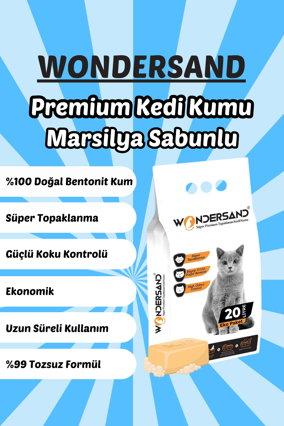 wondersand 20 Litre %100 Beyaz Bentonit Ince Tane Sabun Kokulu Topaklanan Premium Kedi Kumu - Görsel 2