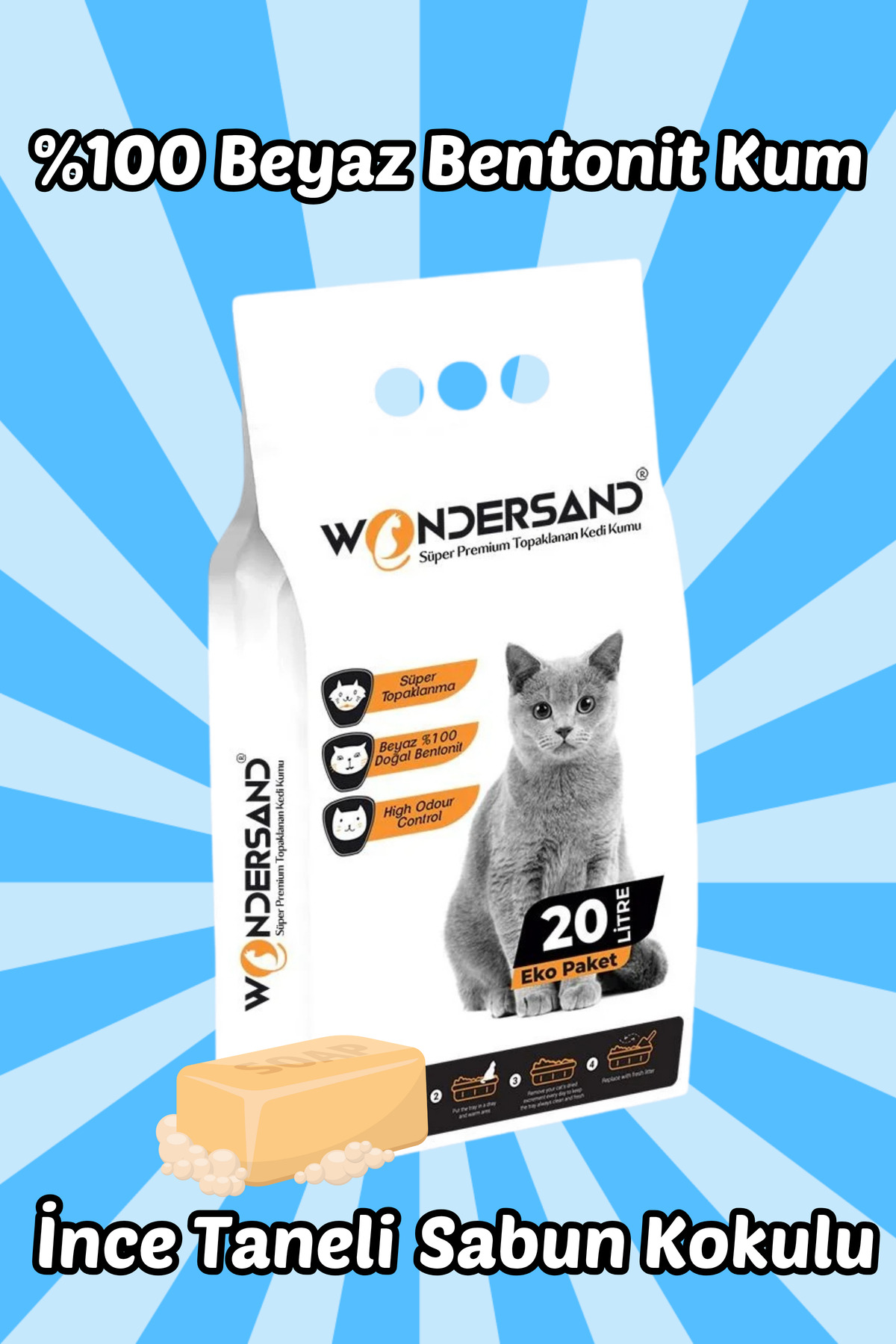wondersand 20 Litre %100 Beyaz Bentonit Ince Tane Sabun Kokulu Topaklanan Premium Kedi Kumu - Görsel 3