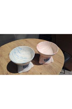 Genel Markalar Seramik Eğimli Kedi ve Köpek için Mama Kabı Ebruli Krem- Kırmızı