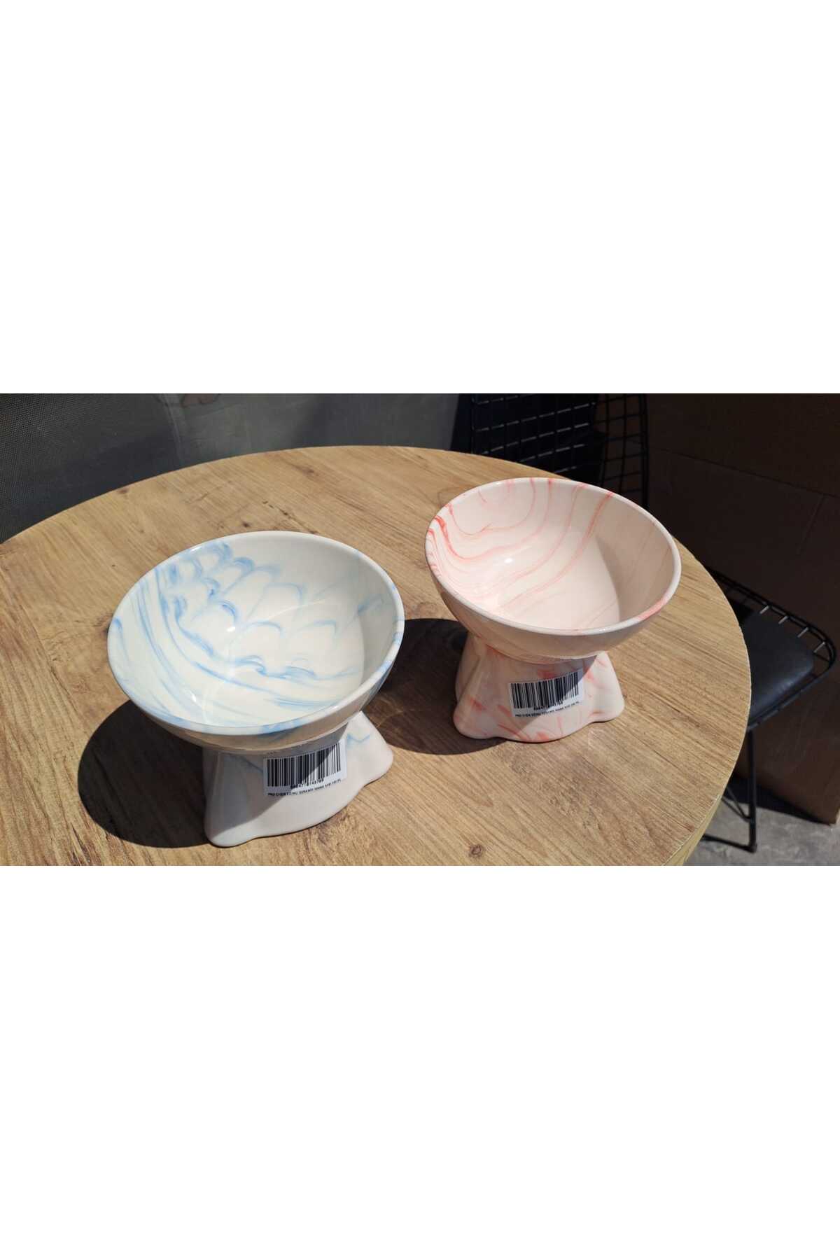 Genel Markalar Seramik Eğimli Kedi ve Köpek için Mama Kabı Ebruli Krem- Kırmızı