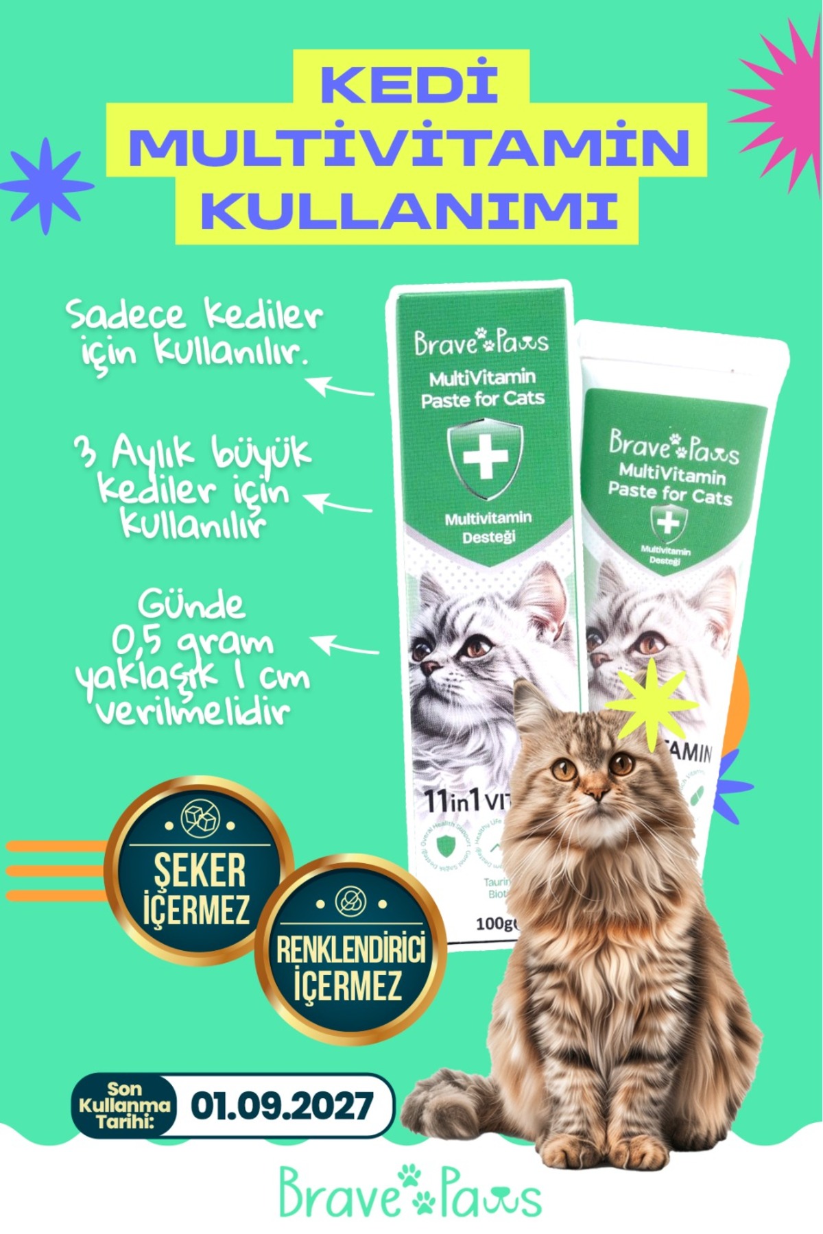 BRAVE PAWS Kediler İçin Multivitamin Desteği – Bağışıklık, Enerji ve Genel Sağlık İçin - Görsel 2