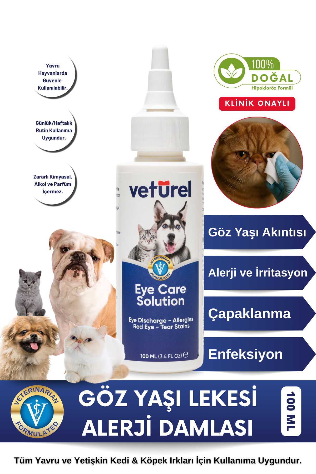 Veturel Kedi Göz Temizleme Solüsyonu Köpek Alerji Kızarıklık Enfeksiyon Gözyaşı Bakımı Göz Damlası 100ml