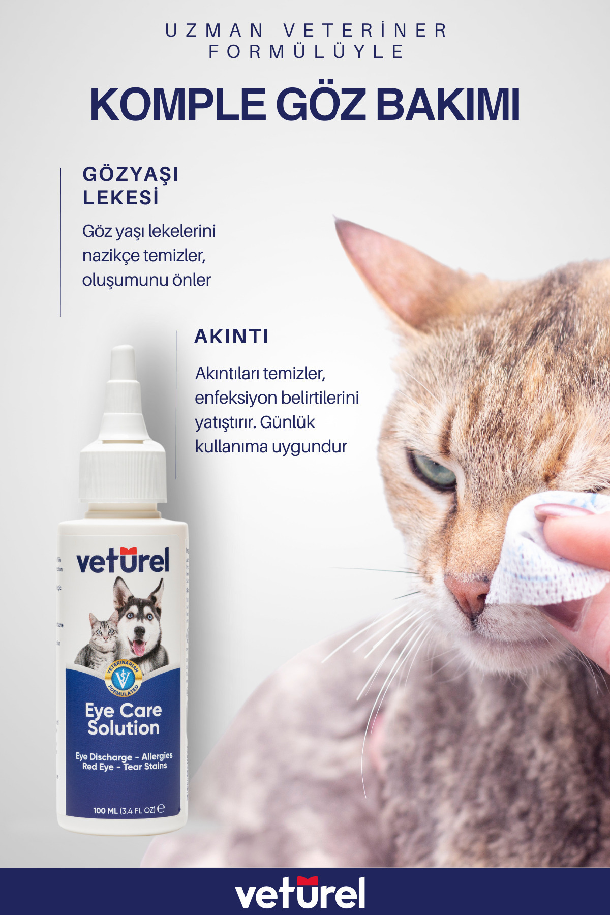 Veturel Kedi Göz Temizleme Solüsyonu Köpek Alerji Kızarıklık Enfeksiyon Gözyaşı Bakımı Göz Damlası 100ml - Görsel 2