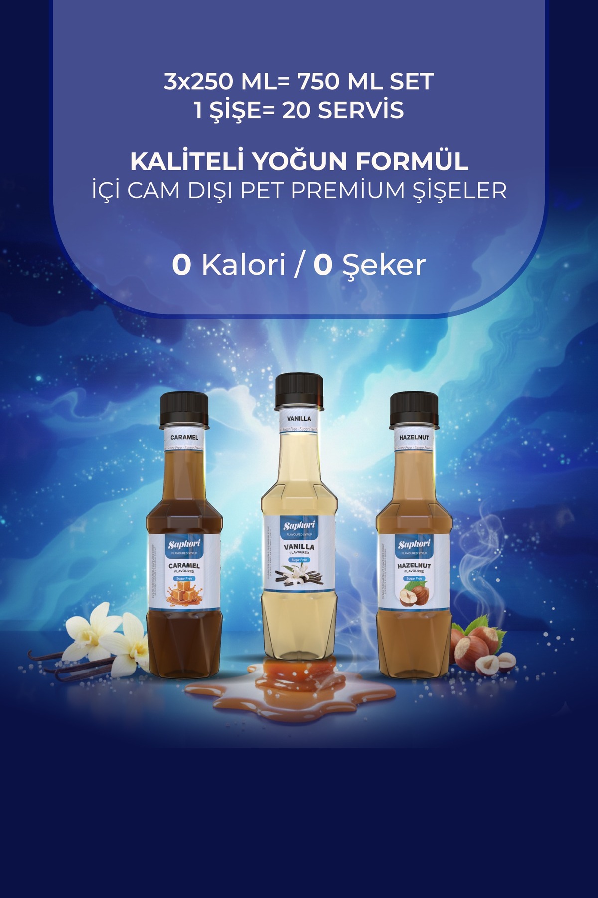 Saphori Kahve Şurubu Kokteyl Şurubu Şekersiz Serisi 3’lı Set 3x250 -750 ML - Görsel 2