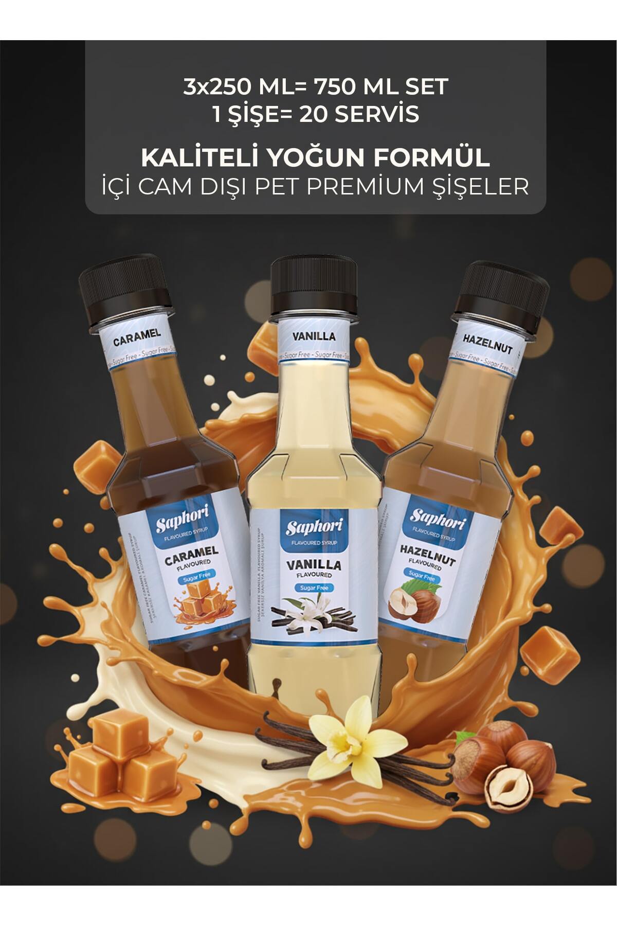 Saphori Kahve Şurubu Kokteyl Şurubu Şekersiz Serisi 3’lı Set 3x250 -750 ML - Görsel 3