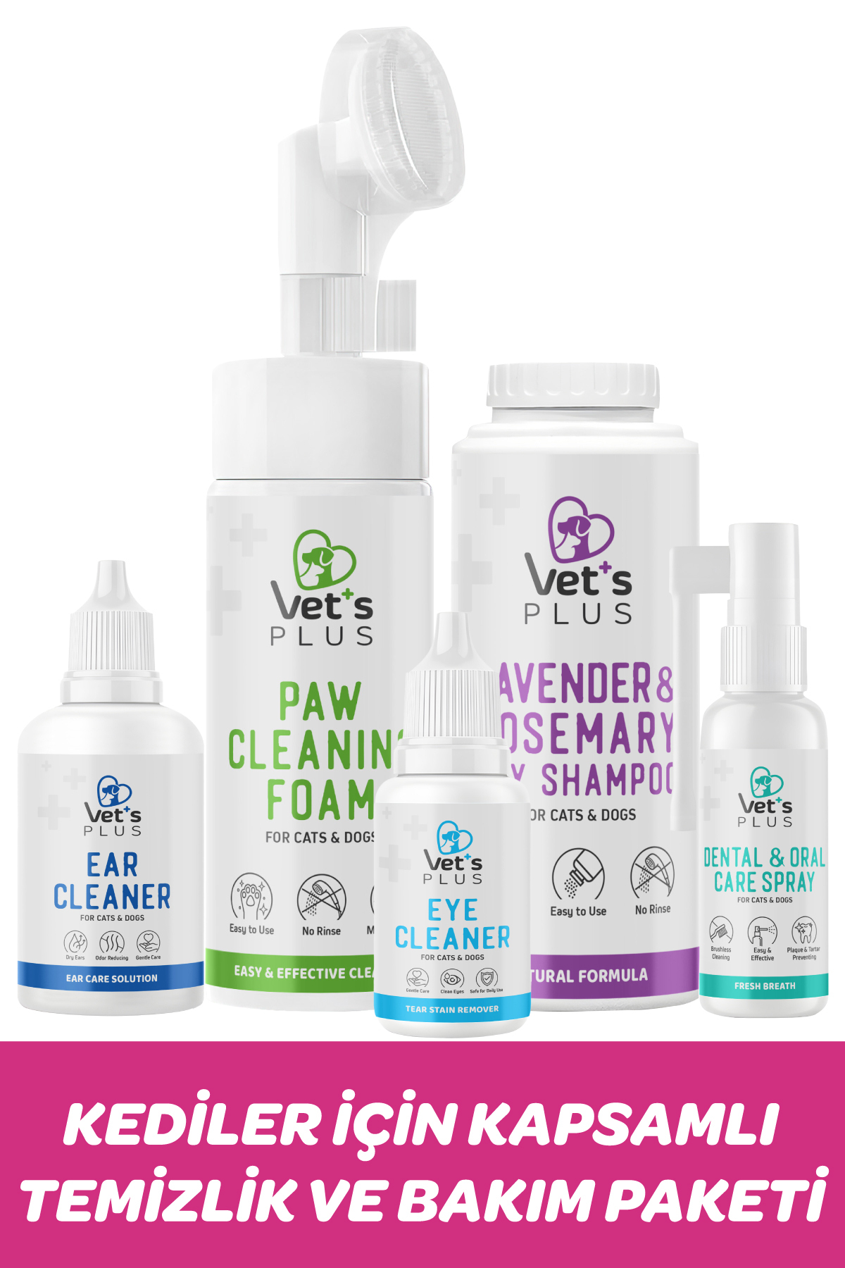 Vet's Plus Kediler İçin Kapsamlı Temizlik ve Bakım Paketi - Kuru Şampuan, Göz, Kulak, Diş ve Pati Temizleme