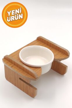 hural ahşap dekorasyon Yüksekliği Ayarlanabilir Seramik Kaseli Tekli Mama, Su Kabı