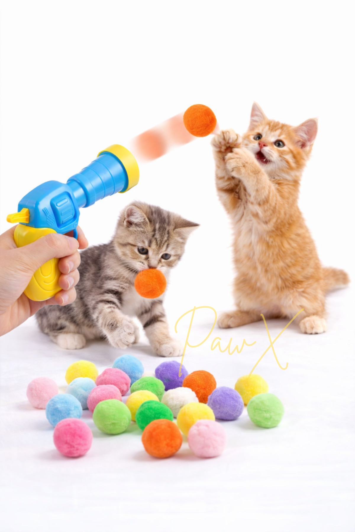 PawX Kedi Oyun Tabancası Peluş Top Fırlatan Interaktif Oyuncak Eğlenceli Kedi Oyuncağı 15-20 Adet Toplu - Görsel 3