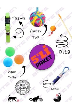 bite pet 5 Li Kedi Seti:yumak Top Lazer Olta Oyun Topu Tasma