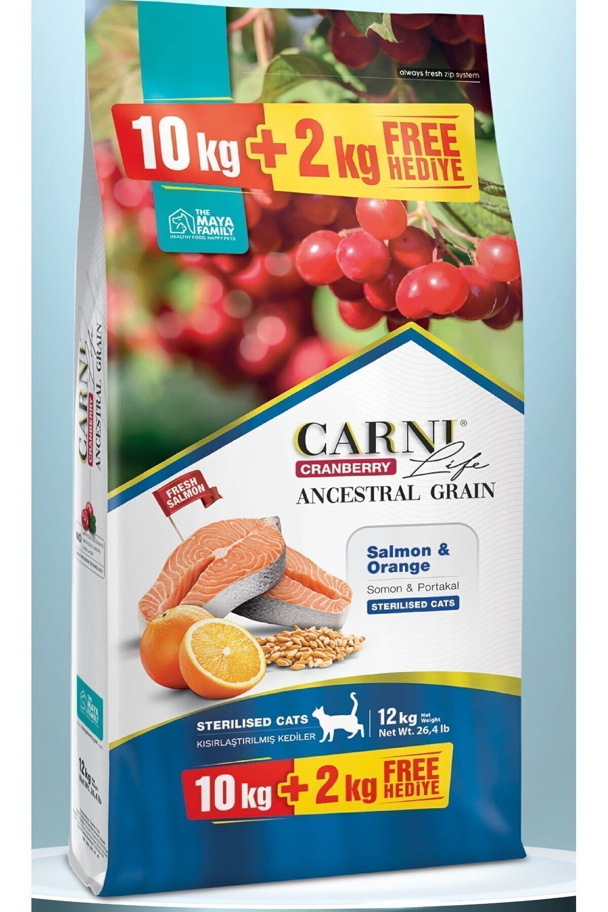 CARNİ LİFE Carni Life Somon Portakal ve Kızılcıklı Kısırlaştırılmış Yetişkin Kedi Maması 10 + 2 KG