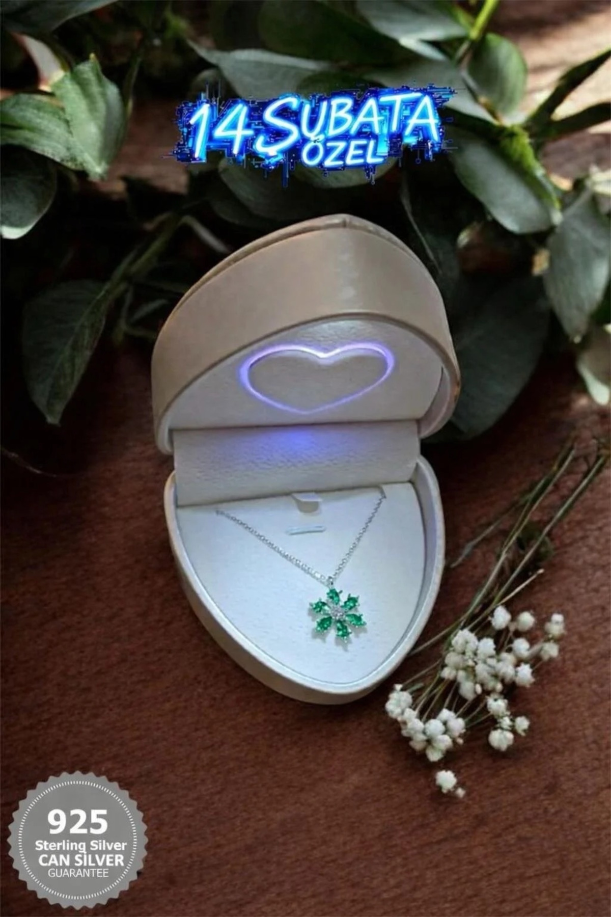 CAN SİLVER 925 Ayar Gümüş Zümrüt Taşlı Manolya Çiçeği Gümüş Kadın Kolye-14 Şubat Sevgililer Gününe Özel