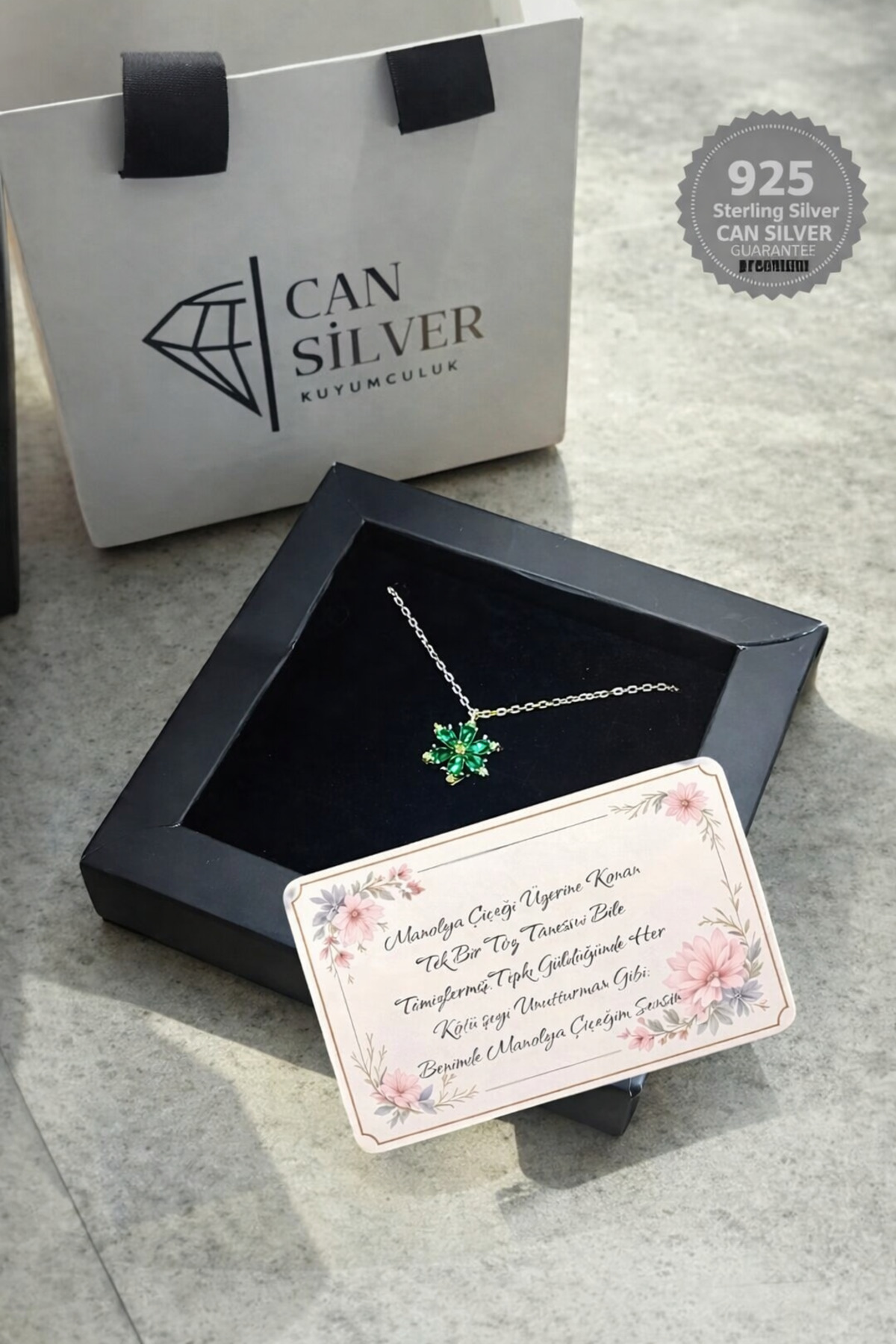 CAN SİLVER 925 Ayar Gümüş Zümrüt Taşlı Manolya Çiçeği Gümüş Kadın Kolye-14 Şubat Sevgililer Gününe Özel - Görsel 2