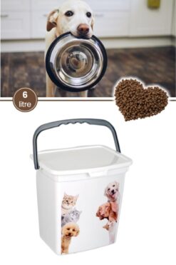 Flosoft Evcil Hayvan Mama Kovası, Kapaklı Kulplu Kedi Köpek Mama Saklama Kabı Kutusu 6lt
