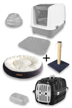 Kurtbay Şekil Lüks Kapalı Kedi Tuvaleti Taşıma Sepet Yatak Tırmlama Paspas 3 Katlı Oyunck Kedi Başlangıç Seti-lkt2