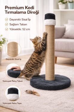 PawX Kedi Tırmalama Tahtası Direği 52 cm Premium | Doğal Sisal İp | Yuvarlak Kaymaz Peluş Taban
