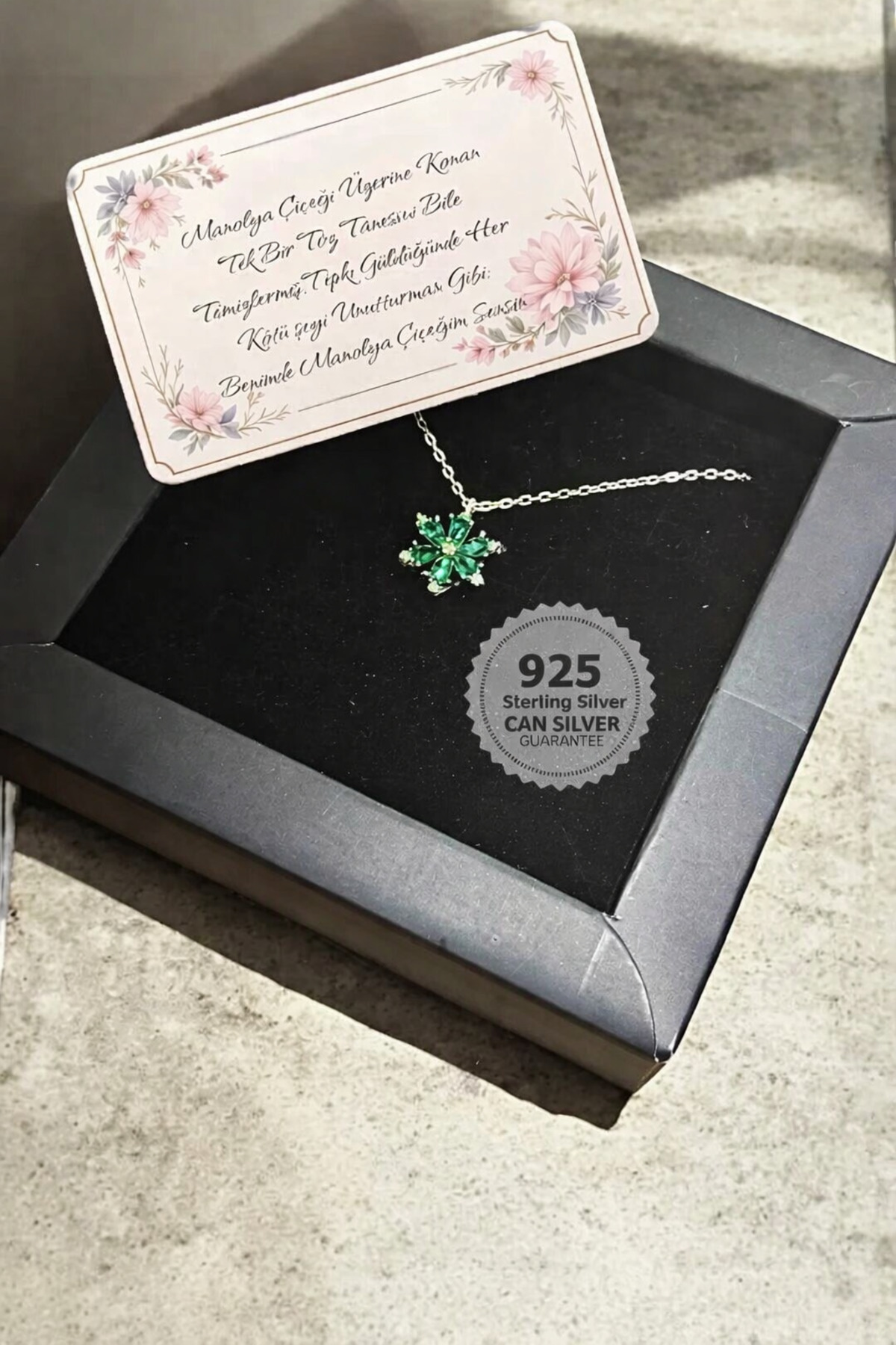 CAN SİLVER 925 Ayar Gümüş Zümrüt Taşlı Manolya Çiçeği Gümüş Kadın Kolye-14 Şubat Sevgililer Gününe Özel - Görsel 3