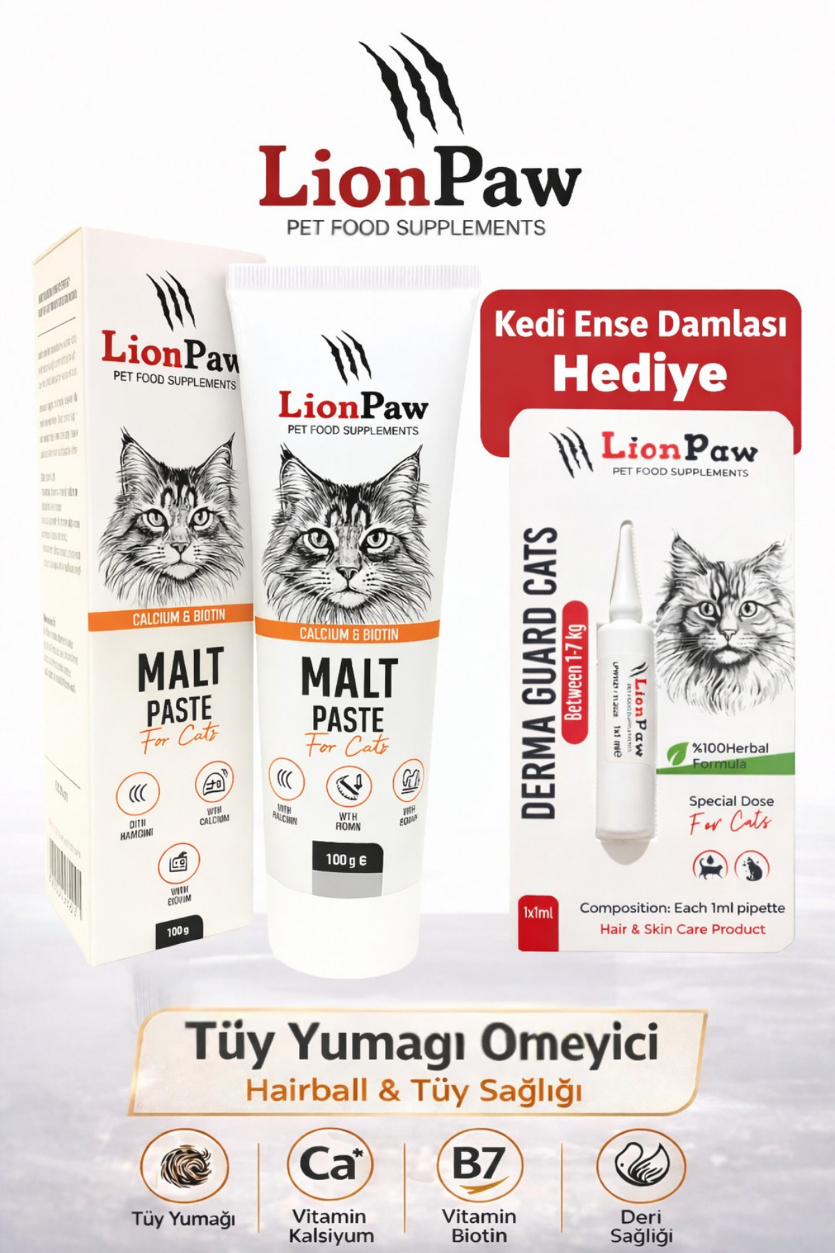 LİON PAW Kedi Malt Macunu 100g Tüy Yumağı,Kusma Önleyici,Taurin,Biotin Sindirim Destekli Kedi Damlası Hediye