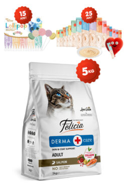 Felicia 5 kg Somonlu Hipoalerjenik Düşük Tahıllı Yetişkin Kedi Maması 25li Kedi Ödülü Krema 15li Lolipop