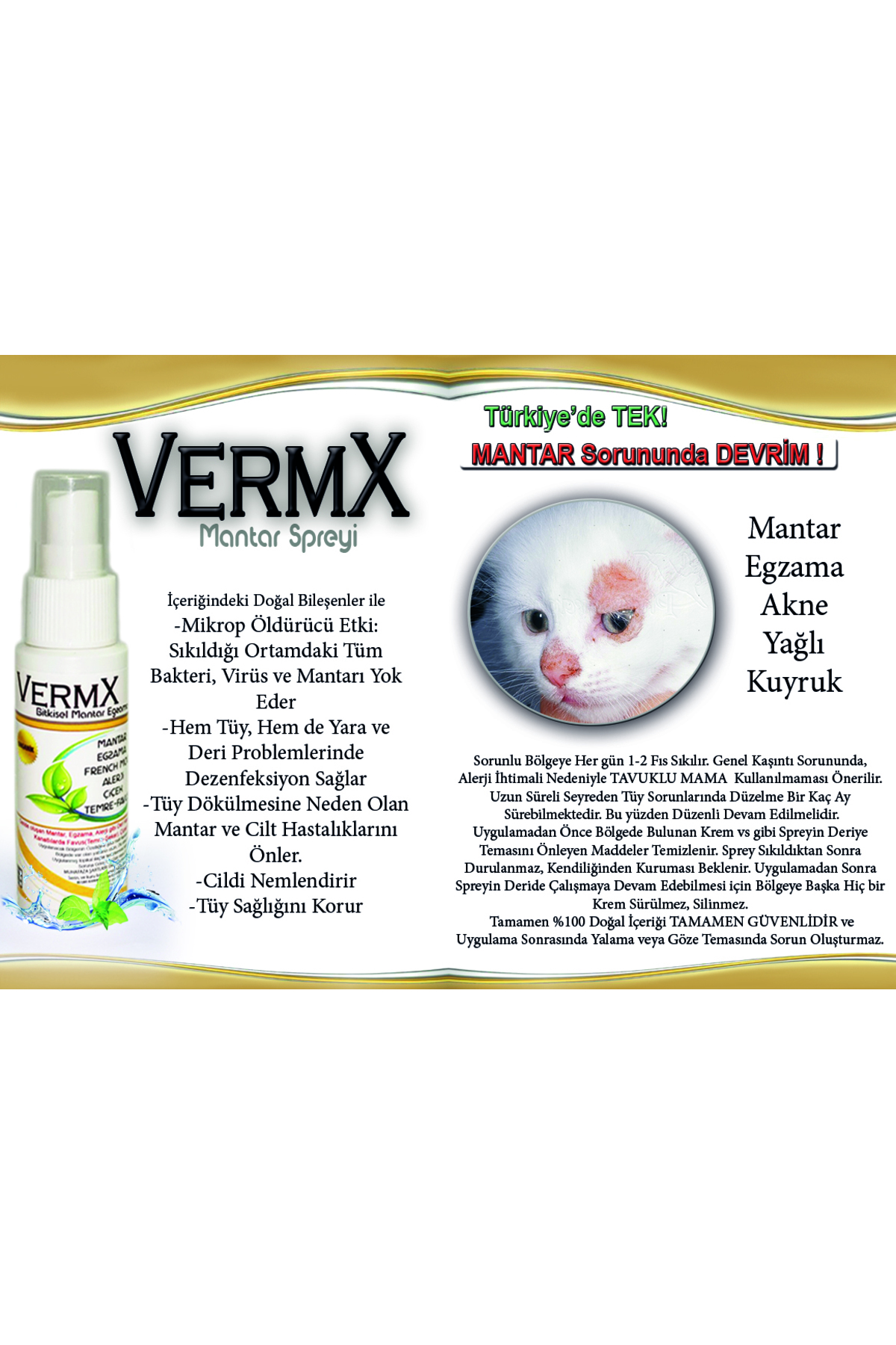 VERMX TR VERMX SPREY Kediler için Doğal Mantar Akne Yağlı Kuyruk Deri ve Tüy Bakım Spreyi - Görsel 2