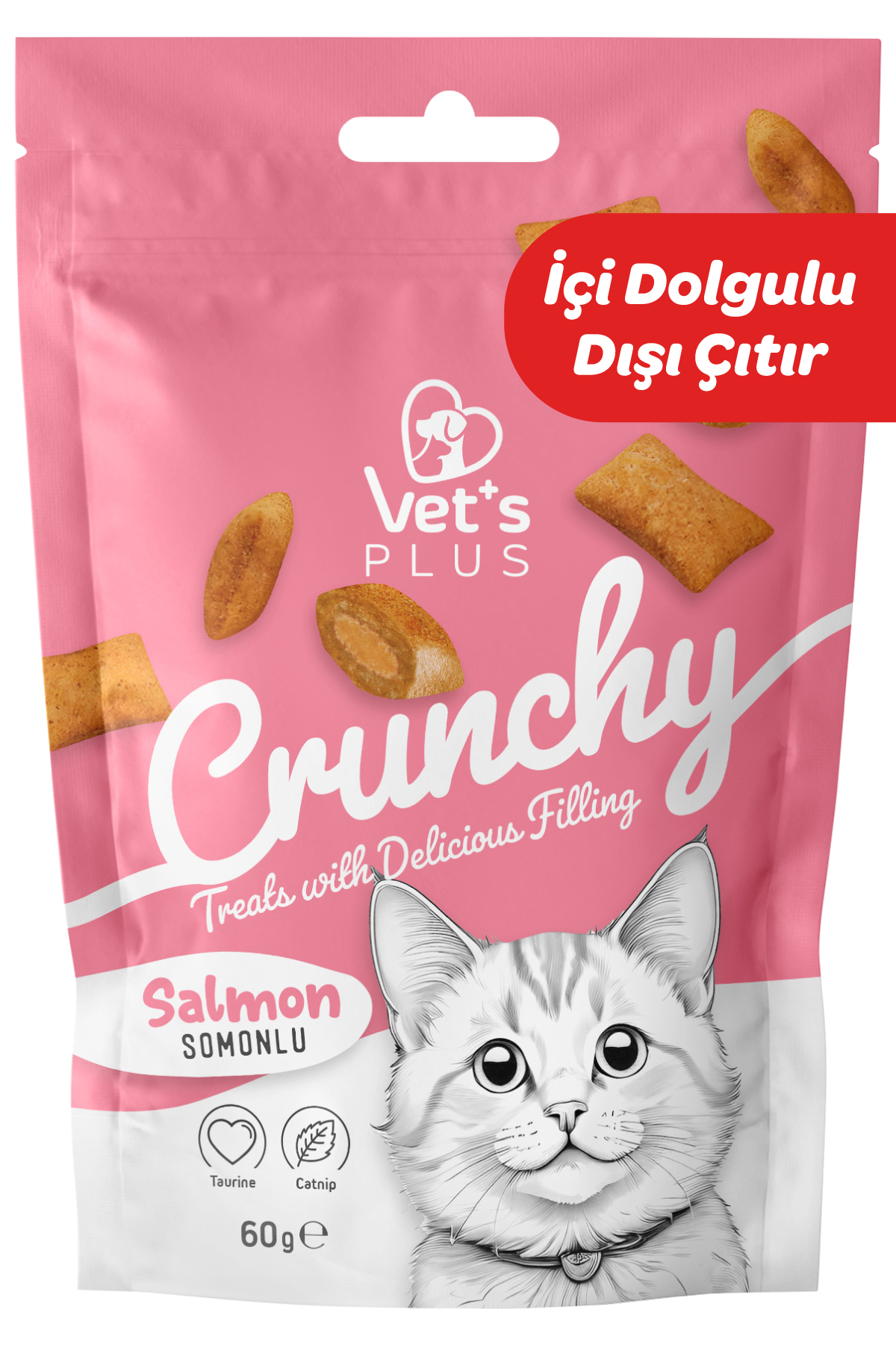 Vet's Plus Crunchy Somonlu Ödül Bisküvisi 60gr (İçi Dolgulu ve Catnipli, Kediler için)