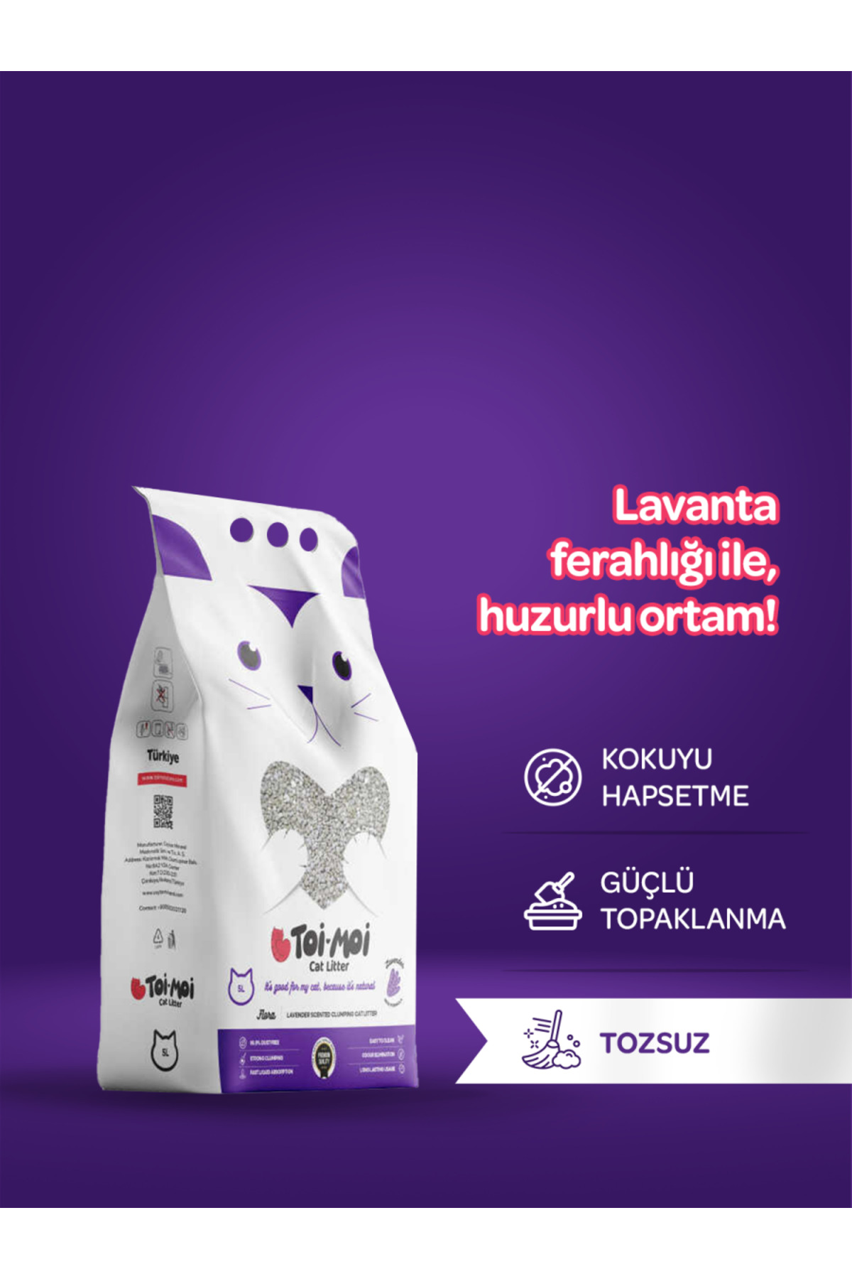 Toi Moi Topaklanan, Tozsuz, Koku Hapseden Lavantalı Bentonit Kedi Kumu 5lt