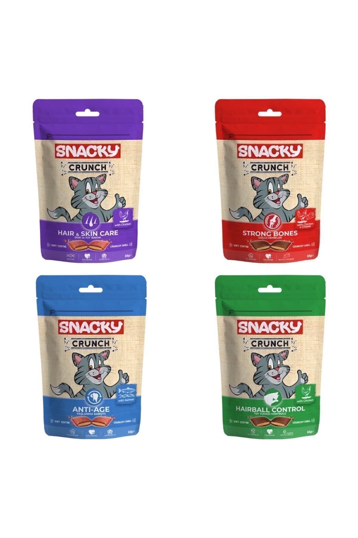Snacky Crunch Yaşlanma Karşıtı Eklem Sağlığı Deri Tüy Sağlığı Tüy Yumağı Kontrolü Kedi Ödül Mama 4 x 60 gr