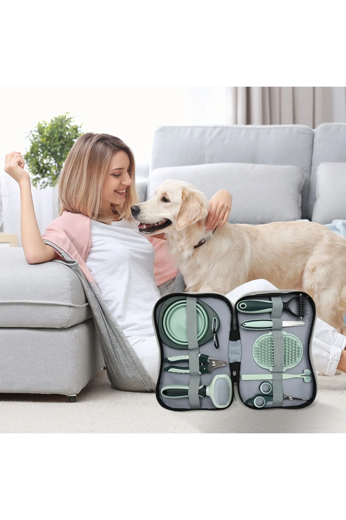 GreaTech 8 Parça Evcil Hayvan Tarak Makas Seti Kedi ve Köpek Bakım Makası Banyo Fırçası Su Kasesi - Görsel 2