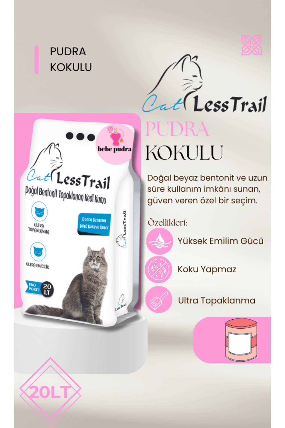 LESS Trail 20 Lt Ince Tane Pudra Kokulu Beyaz Bentonit Kedi Kumu - Görsel 2