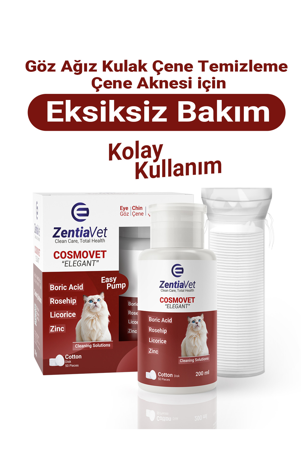 zentiavet Kedi Göz Kulak Ağız Çene Altı Siyah Nokta Gözyaşı Lekesi Bakım Temizleme Solüsyonu 200ml