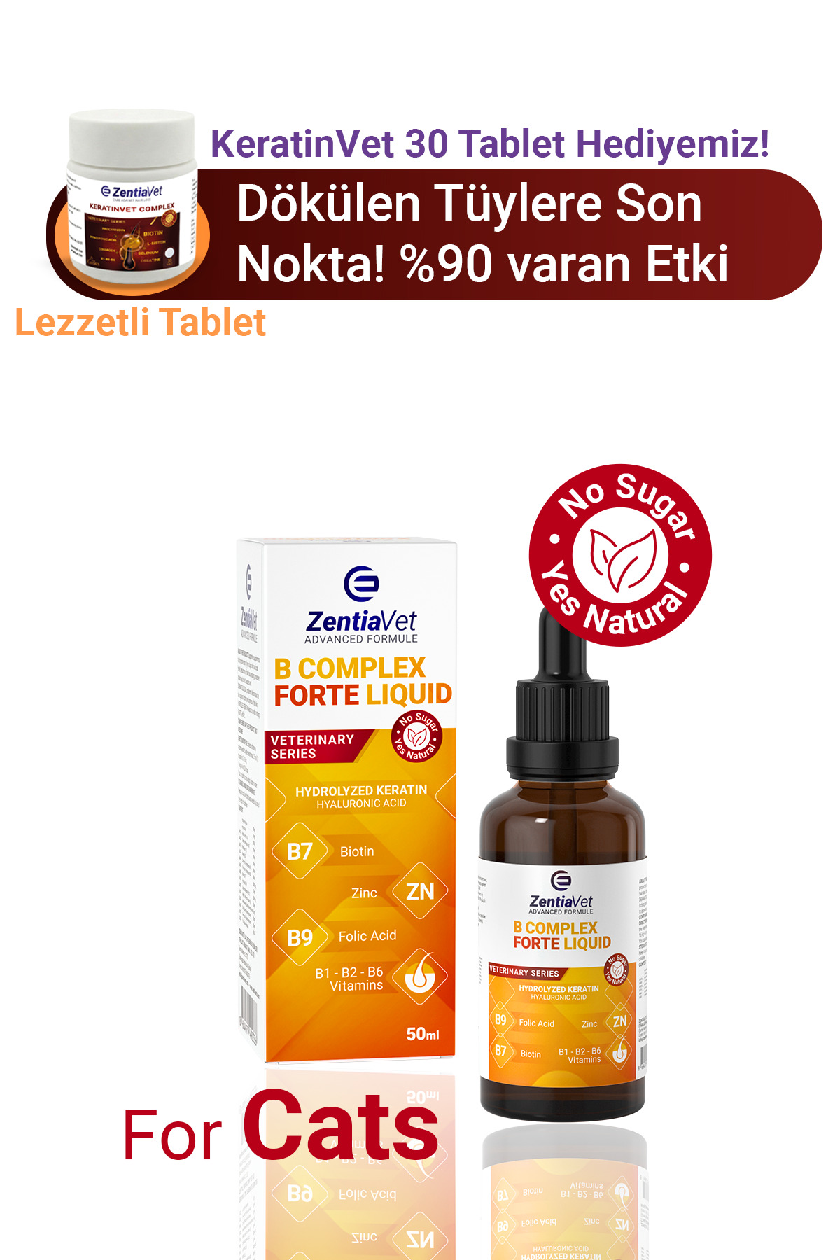 zentiavet Plus B Damla Kediler için Tüy Dökülmesi Önleyici Engelleyici Kedi Vitamini Tüy Sağlığı 50 ml