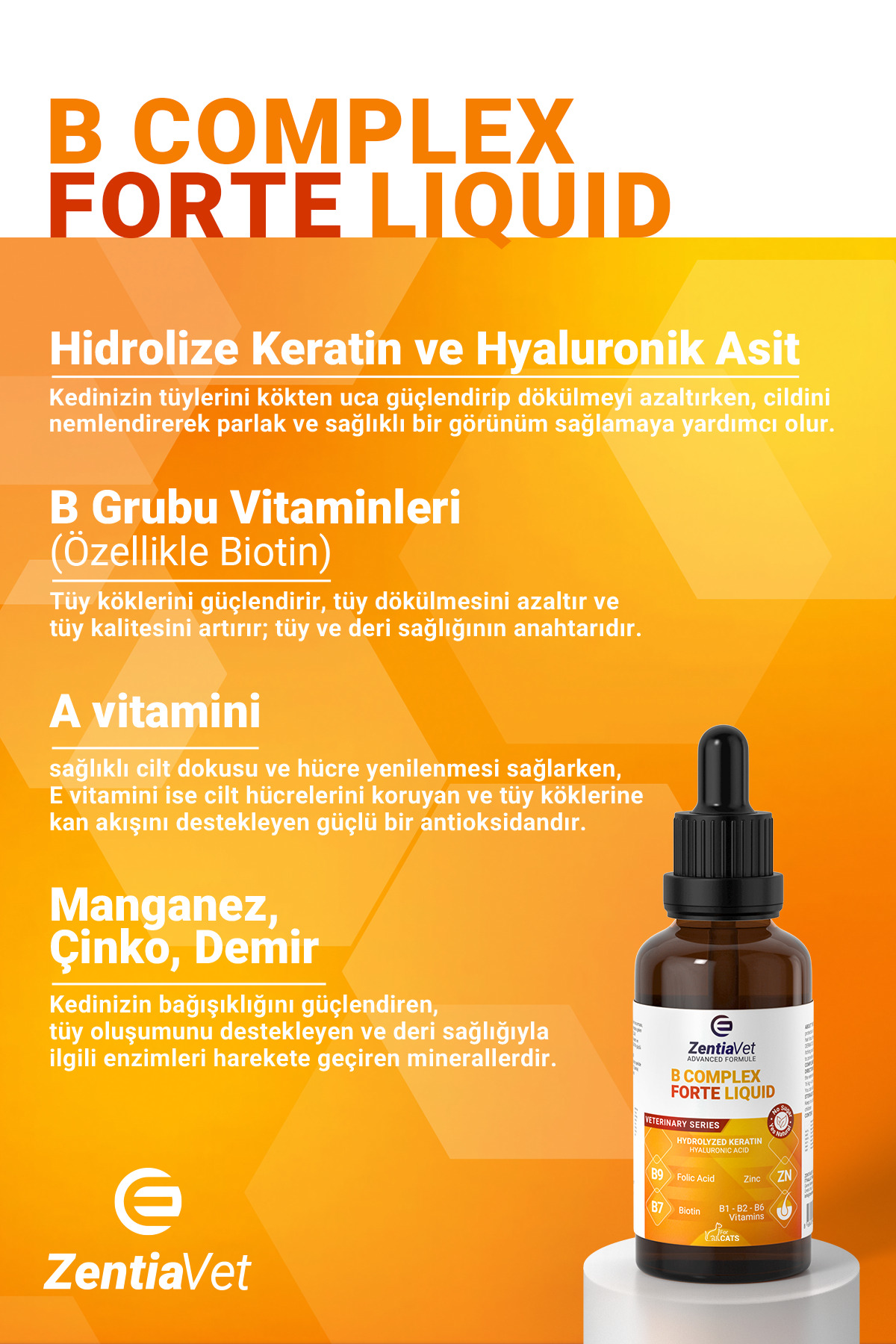 zentiavet Plus B Damla Kediler için Tüy Dökülmesi Önleyici Engelleyici Kedi Vitamini Tüy Sağlığı 50 ml - Görsel 3