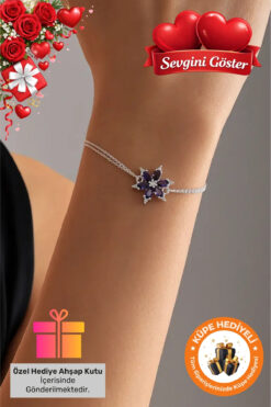 Lucente Jewellery 925 Ayar Hediye Kutulu Mor Lotus Çiçeği Gümüş Kaplama Sevgililer Günü Gerçek Ametist Taşlı Bileklik