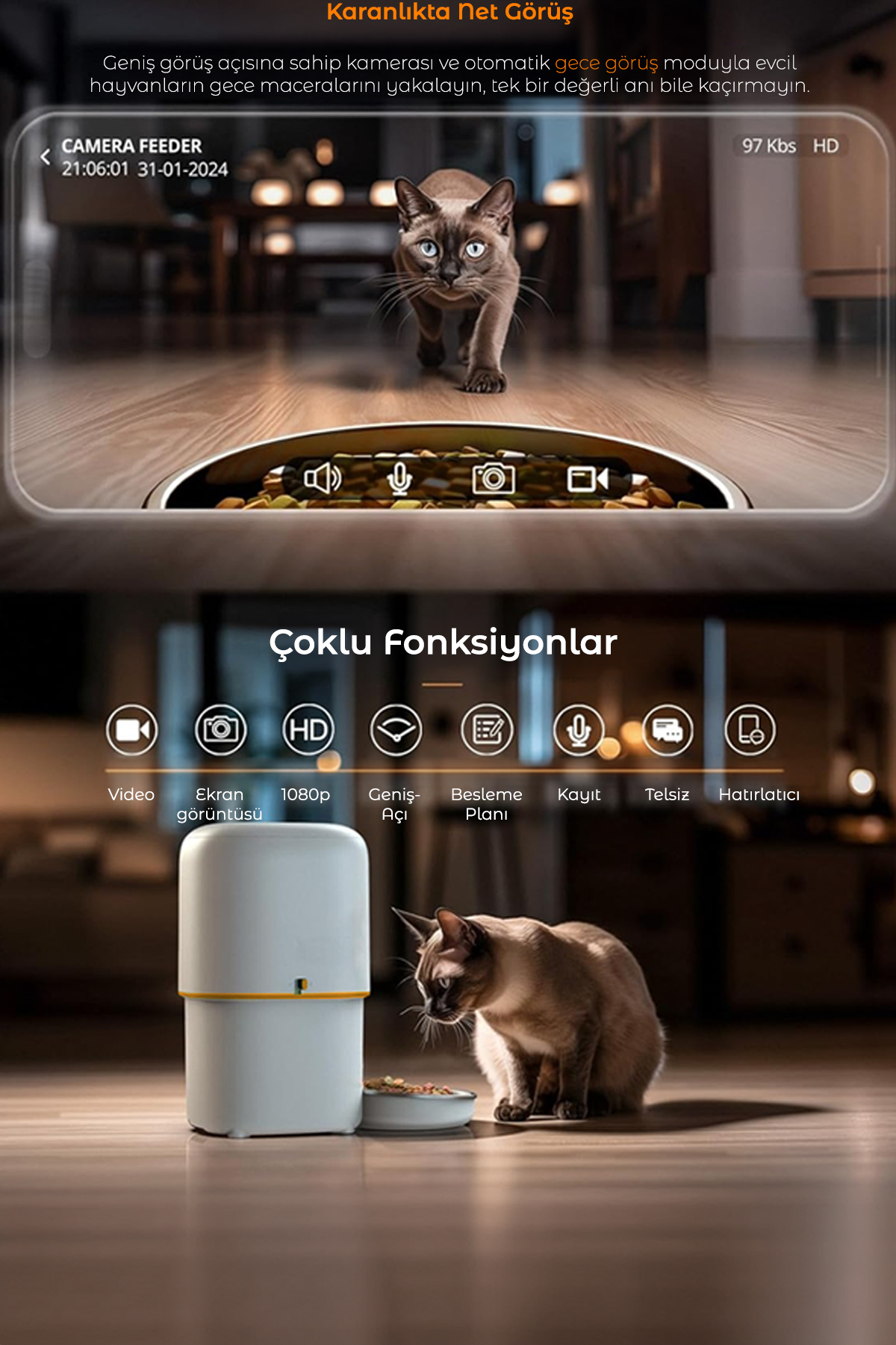 RossClean Pet Feeder 1080P Ayarlanabilir Kameralı - Wifili- Kedi Köpek Akıllı Mama Kabı - Görsel 3
