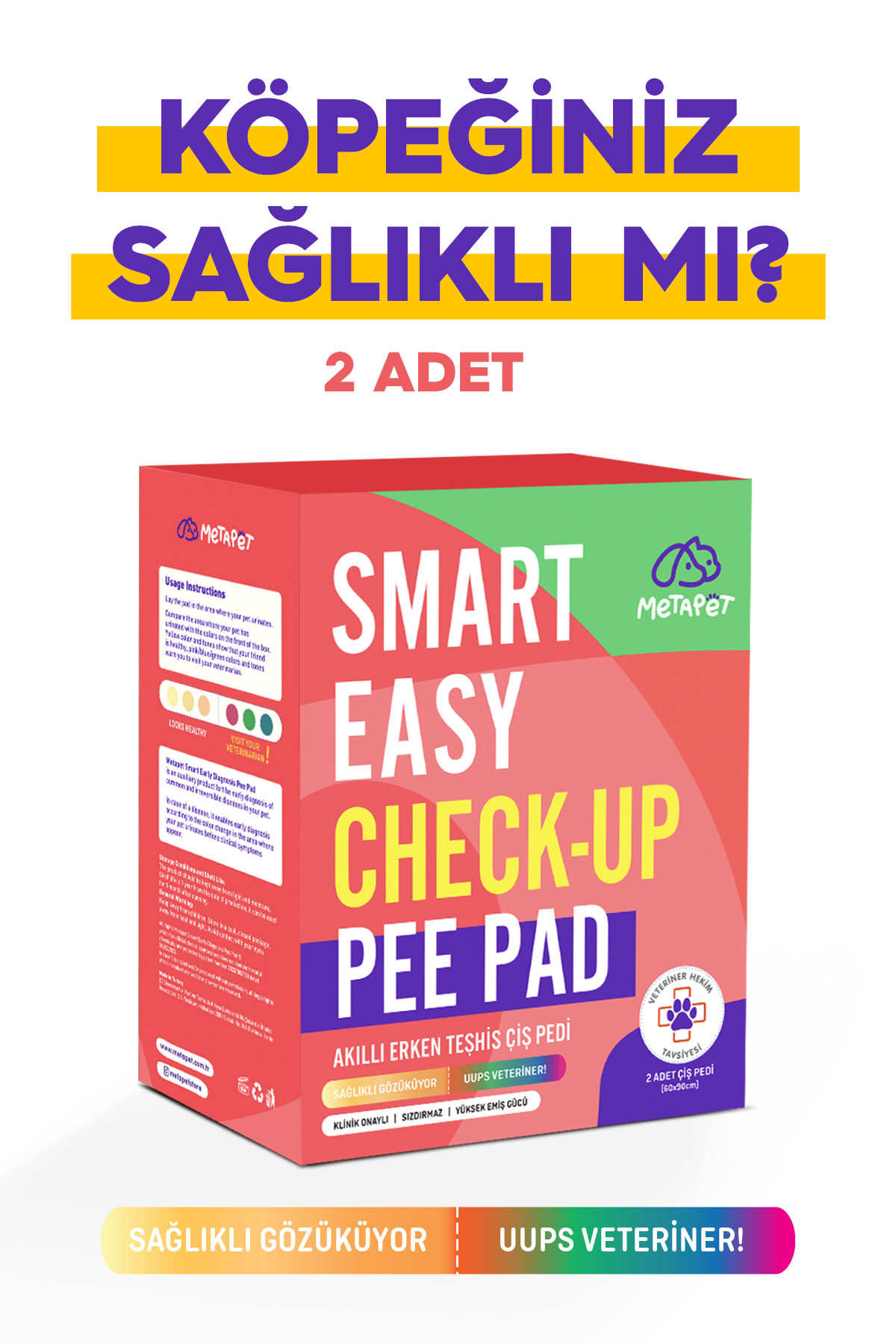 Metapet Renk Değiştiren Akıllı Köpek Çiş Pedi, 2 Adet Sağlık Bezi, Erken Teşhis Sağlık Ürünü