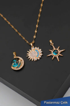 TREND COLLECTİON Değiştirilebilir Kolye Uçlu Gold Paslanmaz Çelik Kolye Seti – 3’lü Kadın Kolye