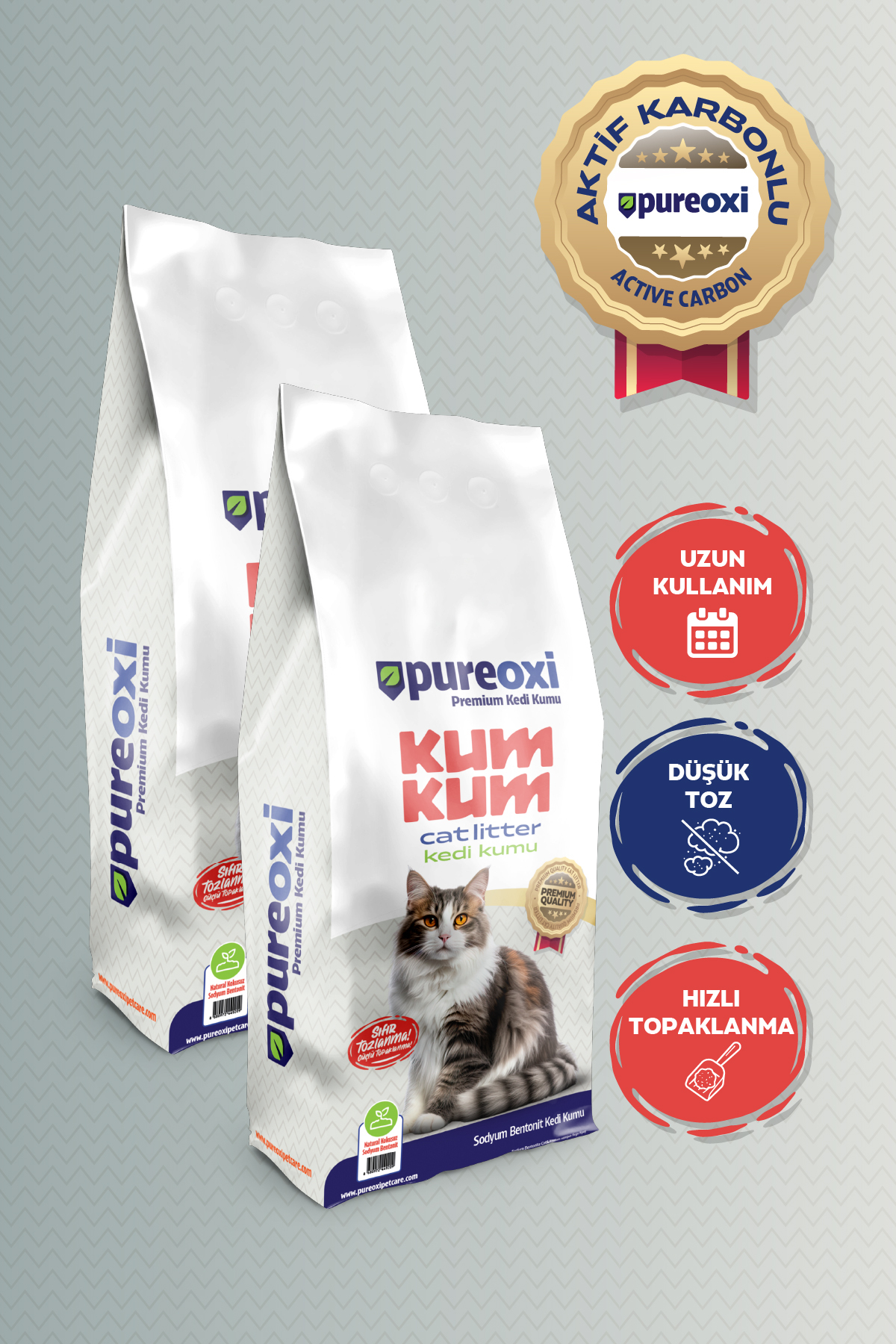 PureOxi Kum Kum Premium İkili Paket 2x10 kg – Aktif Karbonlu Topaklanan Kedi Kumu-20 kg