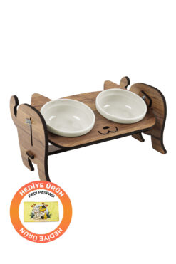 GOBYPET Ahşap Kedi Mama Seramik Su Kabı Standı,Kedili Mama Kabı, Hediye Kedi Halısı