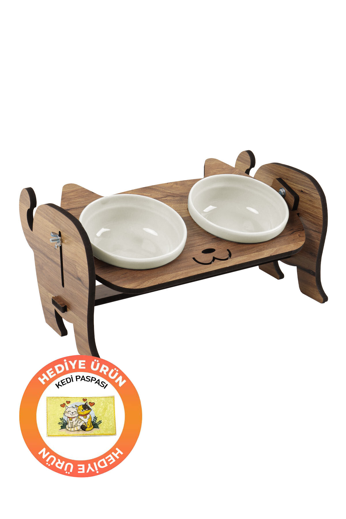 GOBYPET Ahşap Kedi Mama Seramik Su Kabı Standı,Kedili Mama Kabı, Hediye Kedi Halısı