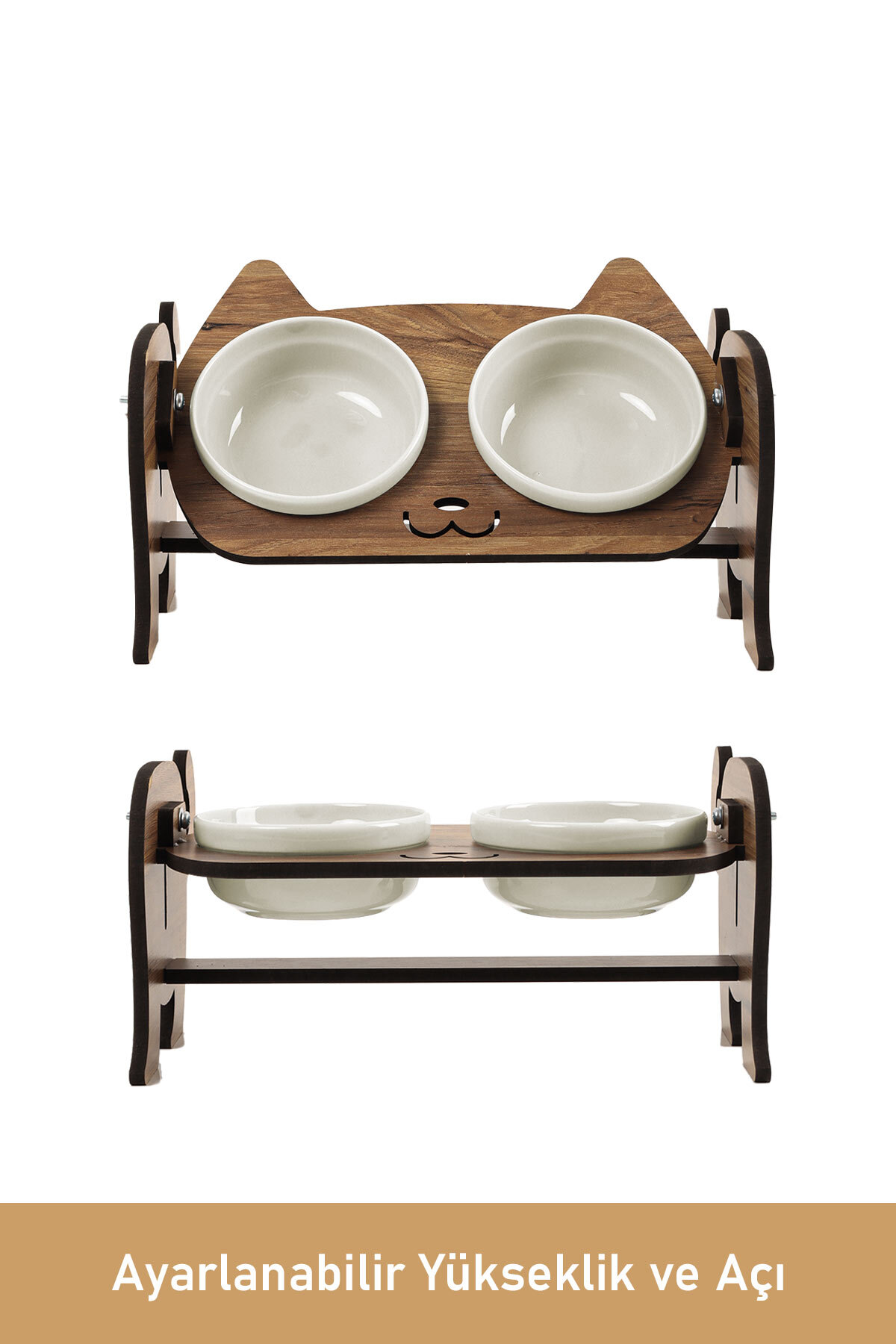 GOBYPET Ahşap Kedi Mama Seramik Su Kabı Standı,Kedili Mama Kabı, Hediye Kedi Halısı - Görsel 3